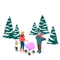 Vector isometric caucasian family with two children and a stroller in winter clothing outdoor in the forest Royalty Free Stock Photo